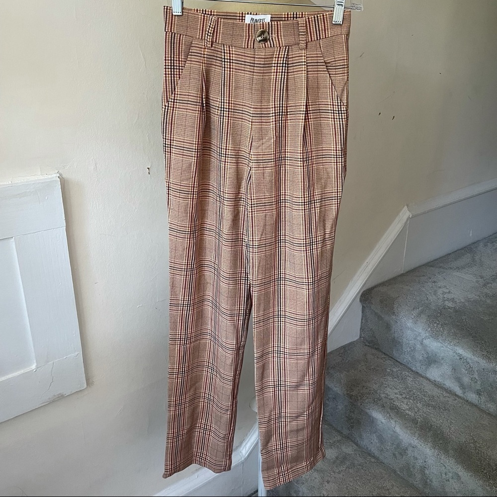 Princess Polly High Waisted Tan Plaid Polyester Trousers NWOT Size 2